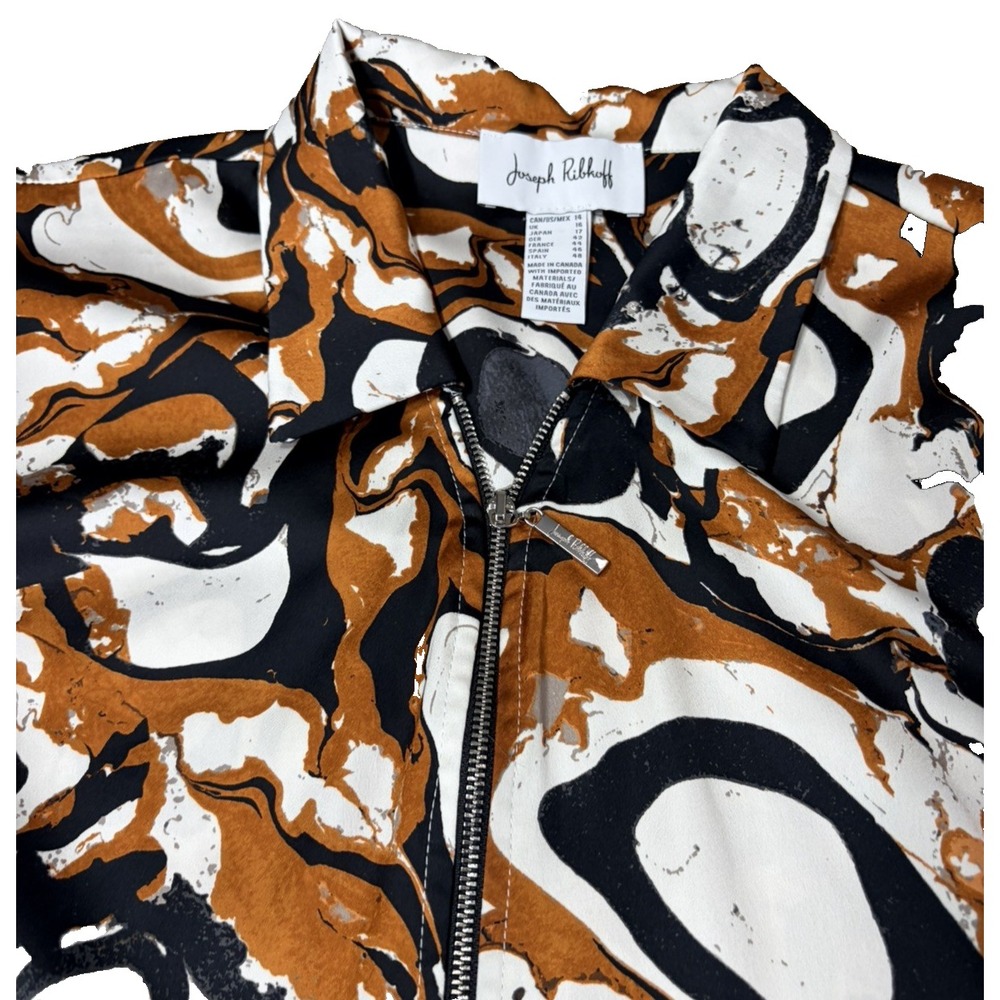 Joseph Ribkoff Blouse Women's Size 14 V Neck 1/2 Zip BLACK/WHITE/RUST ABSTRACT